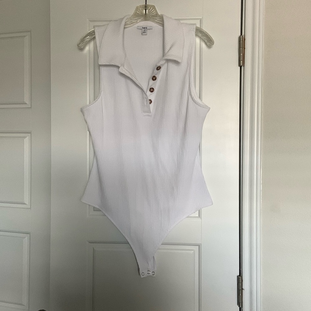 Bar III White Ribbed Collared Bodysuit with Buttons Size XXL